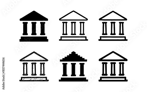 Set of hand-drawn bank building icons in doodle style for financial themes