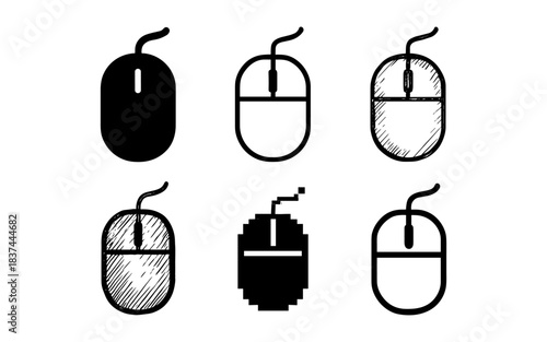 Set of computer mouse icons in various styles including silhouette, sketch, and pixel art