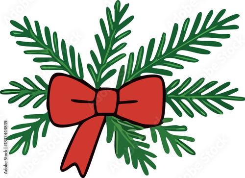 A festive decoration featuring a red ribbon bow surrounded by green pine branches.