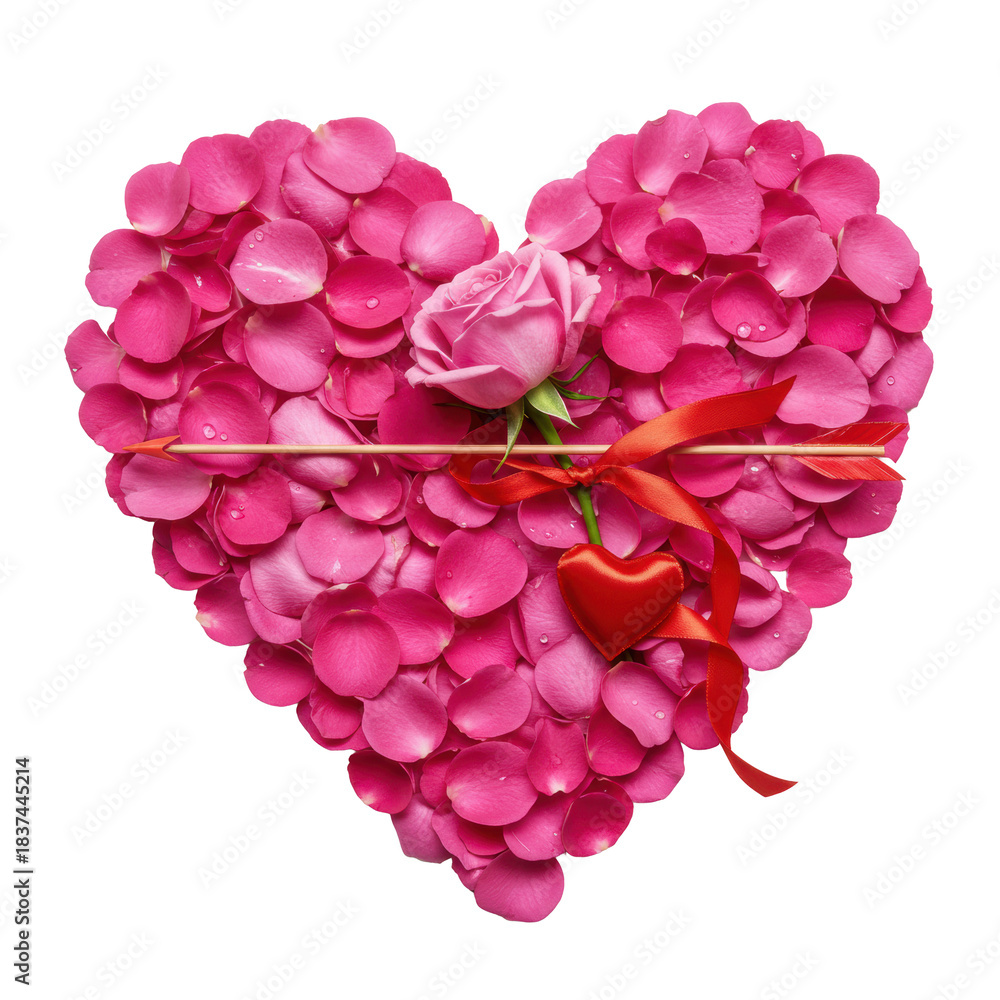 Obraz premium Vibrant pink and fuchsia rose petal heart, layered, pierced by a slender pink rose, green stem, glossy red ribbon heart, transparent studio background, romantic love concept for Valentine's Day