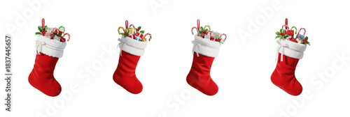 Collection of Red Christmas Stockings Filled with Treats, Isolated on white with Oil Paint Texture (PNG)