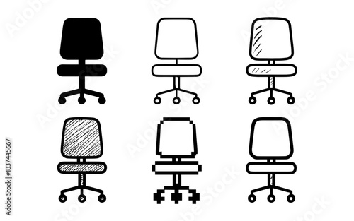 Diverse chair designs showcasing silhouette, sketched, pixel, and linear styles