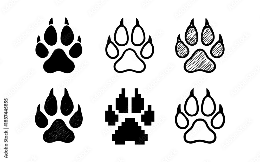 Naklejka premium Variety of animal paw prints in different artistic styles