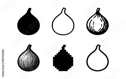 Set of fig icons in various styles: silhouette, outline, and pixel art design