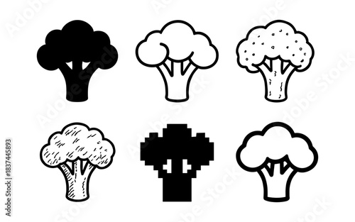 Variety of broccoli illustrations: silhouettes, line art, and pixel styles