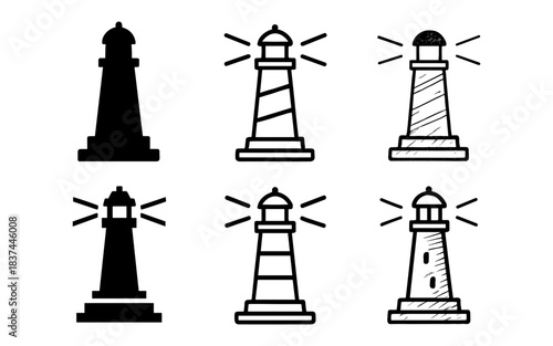 Collection of lighthouse icons in various minimalist styles on white background