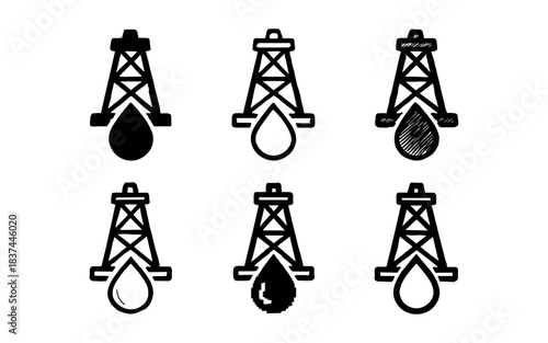 Set of oil tower icons with droplet elements in various styles