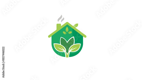 Eco-friendly house logo design featuring green leaves and chimney smoke, symbolizing sustainable living and environmental consciousness