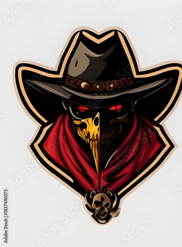 Ominous rogue character emblem featuring a wide-brimmed hat, glowing red eyes, and a unique skull-beak mask, radiating a dark and intense warrior aura, ideal for gaming logos or esports