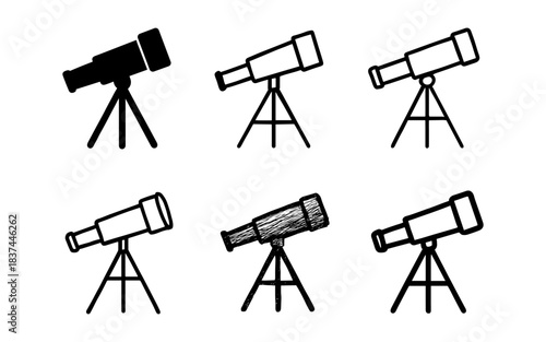 Hand-drawn telescope icon set on tripods for exploration themes