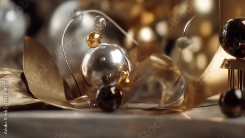 Elegant Christmas Ornaments and Golden Leaves Festive Holiday Decoration.