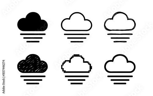 Set of minimalist cloud icons in various styles with fog elements