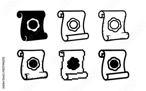 Collection of vintage scrolls with wax seal in various artistic styles