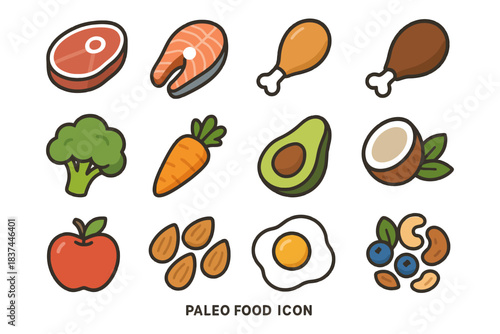 Paleo food icons: meat, vegetables, nuts, and fruits for healthy eating.