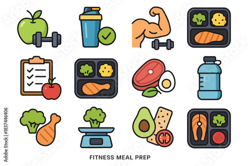 Healthy fitness meal prep icons for balanced diet and exercise routine.