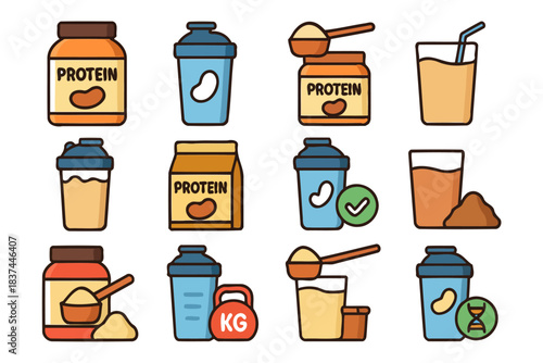 Cartoon protein supplements collection featuring shakers, powders, and drinks.