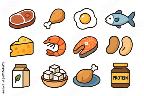 Cartoon icons of protein-rich foods including meat, eggs, fish, cheese, and more.