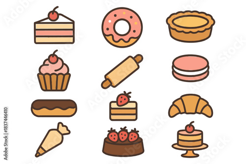Colorful assortment of iconic pastry and dessert icons featuring cakes and sweets.