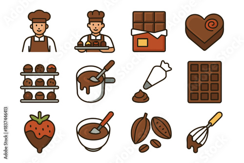 Cartoon chocolate making process with chefs and various ingredients.