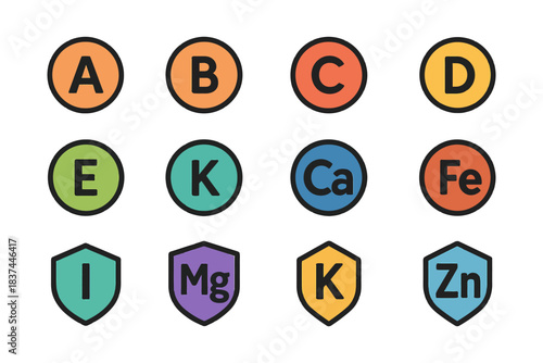 Colorful vitamin and mineral icons with circular and shield designs.