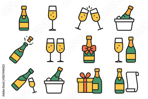 Celebratory champagne icons: glasses, bottles, toasting, gift box, ice bucket.