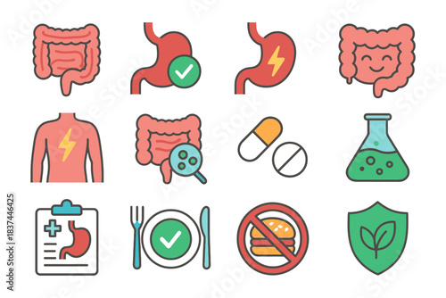 Digestive health icons set: intestines, stomach, medication, and healthy lifestyle.