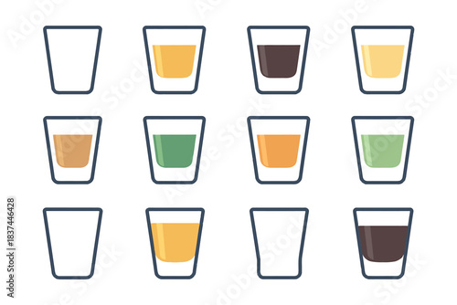 Variety of twelve colorful juice glasses in grid pattern.
