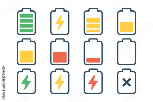 Illustration of battery charge levels and energy symbols in various colors.