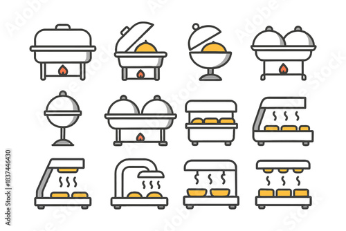Buffet chafing dishes icons set with food warmers and steam.