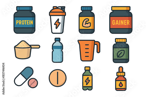 Colorful supplement icons: protein, shaker, capsules, bottles, and more.