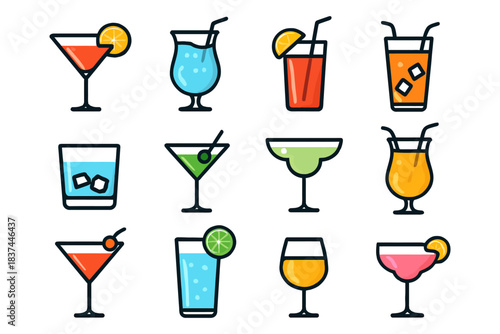 Colorful cocktail icons set with various glasses and garnishes.