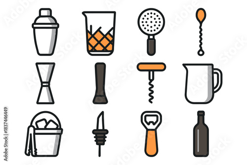 Bartending tools collection: shaker, jigger, strainer, more.