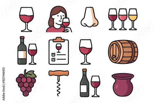 Wine tasting icons with female character holding glass and various wine-related items.