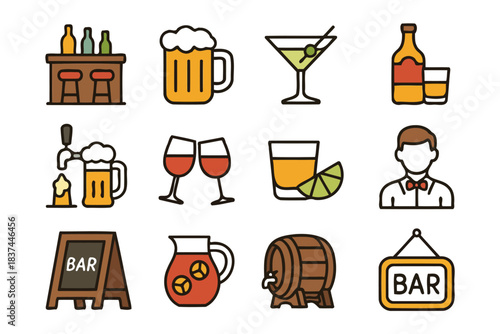 Collection of bar and drink icons featuring beverages and barware.