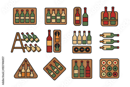 Colorful wine bottle icons collection in various arrangements.
