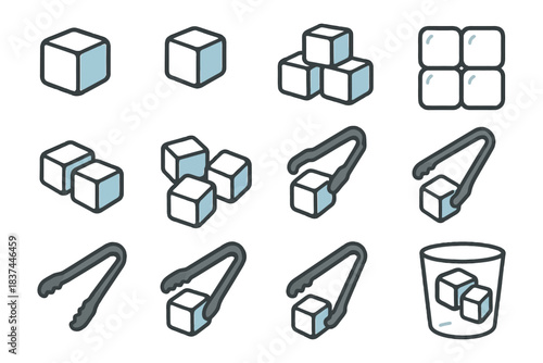 Variety of ice cube and tong cartoon icons.