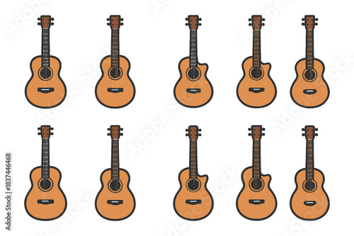 Set of acoustic guitars with variations in shape and design on white background.