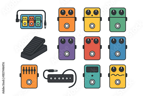 Collection of colorful guitar pedals and equipment.