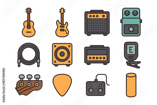 Music equipment icons: guitars, amplifiers, pedals, and accessories.