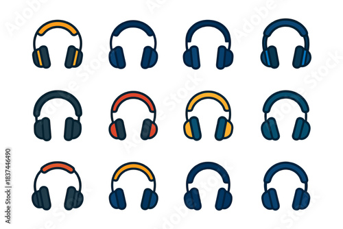 Variety of colorful headphones illustrations in different styles.