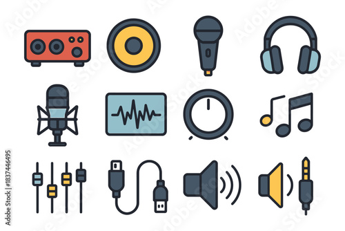 Music production equipment icons: microphone, headphones, speaker, equalizer, cable.