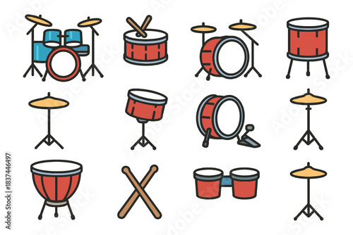 Colorful drum set and percussion instrument icons on white background.
