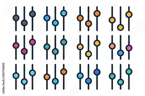 Colorful audio equalizer knobs on white background.