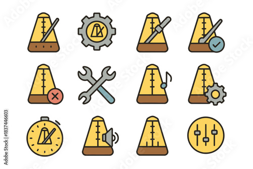 Metronome icons set with musical tools and settings symbols.
