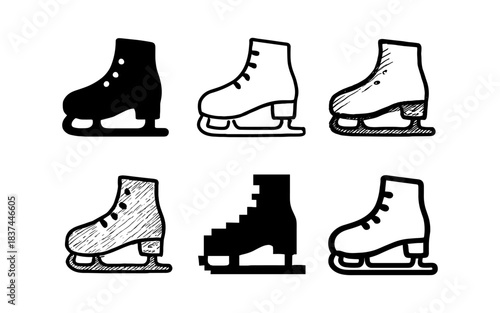 Set of ice skate designs in various styles including linear and pixel