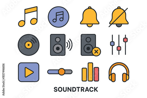 Colorful music icons set with notes, speakers, headphones, and sound controls.