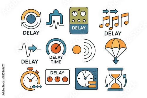 Colorful delay icons featuring timers, parachute, and musical notes.