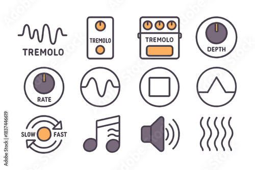 Tremolo effects icons: rate, depth, sound, and wave controls.