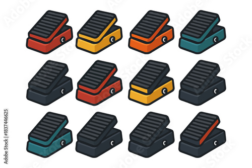 Colorful collection of guitar wah pedal illustrations.