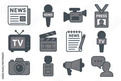 Media icons set featuring news, camera, and microphone symbols.